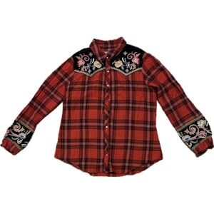 Johnny Was Workshop Red Plaid Embroidered Velvet Yoke Western Snap Shirt Medium